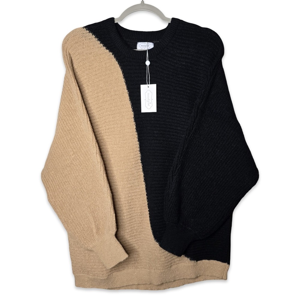 Mud Pie Maple Oversize Sweater Women Small Black Tan Colorblock NWT